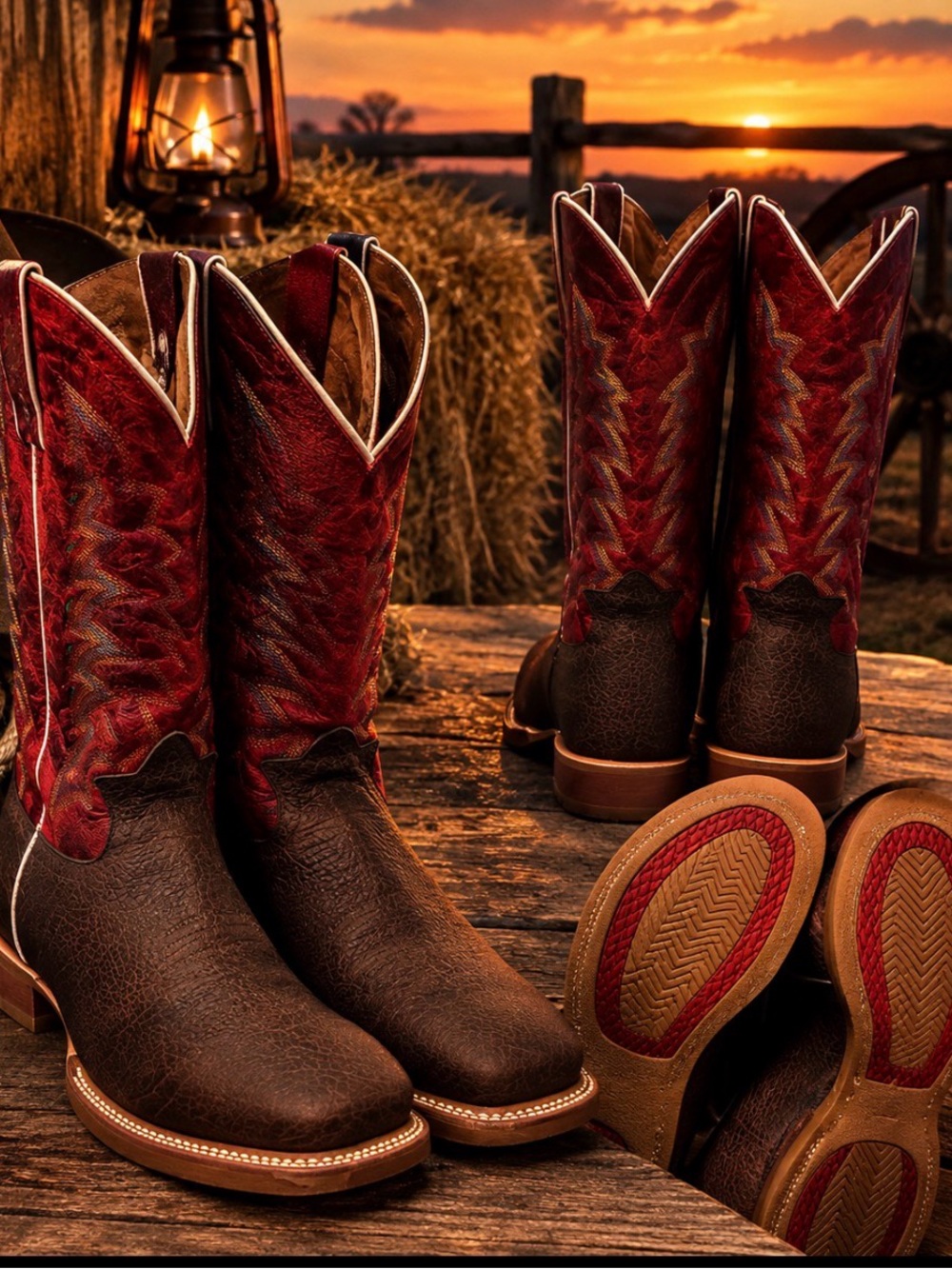 Justin Boots Brown Leather Foot with Red Embroidered Shaft Cowboy Boots